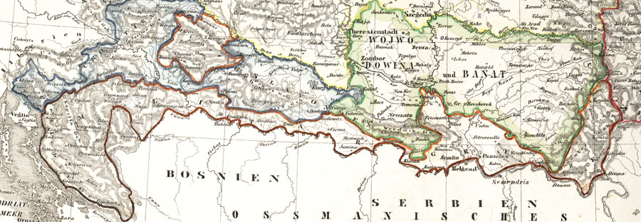 Mapa Vojne krajine (označena crvenim obrubom), oko 1800. godine