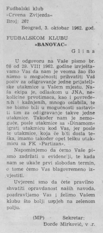 Isprika Crvene zvezde zbog nemogućnosti gostovanja u Glini 1962.
