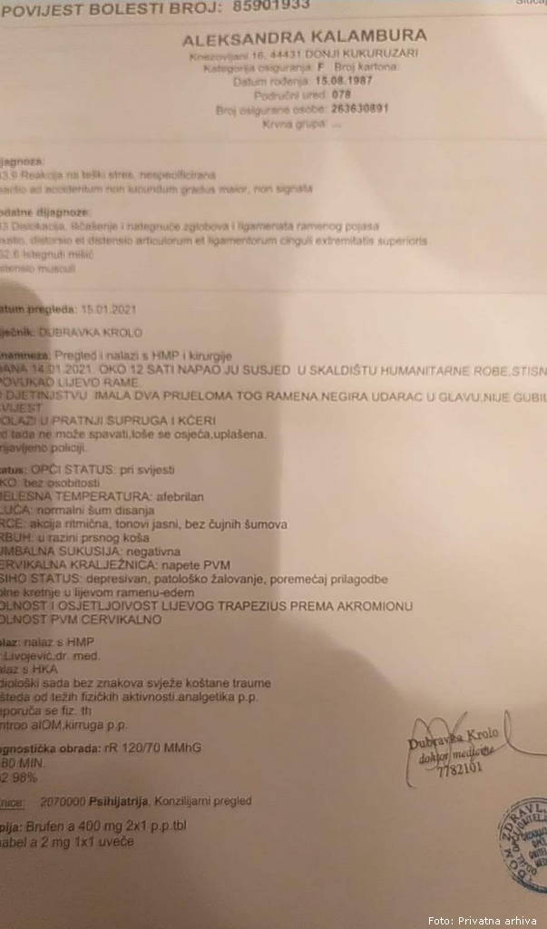 Izvještaj ljekara Hitne pomoći i hirurgije o povredama Daliborove supruge